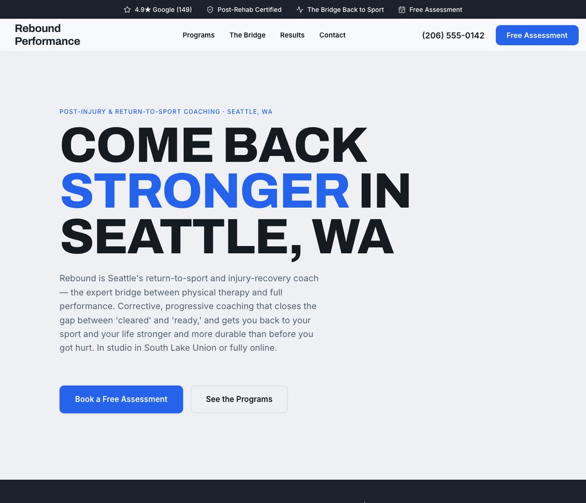 Return-to-Sport Coach website template preview