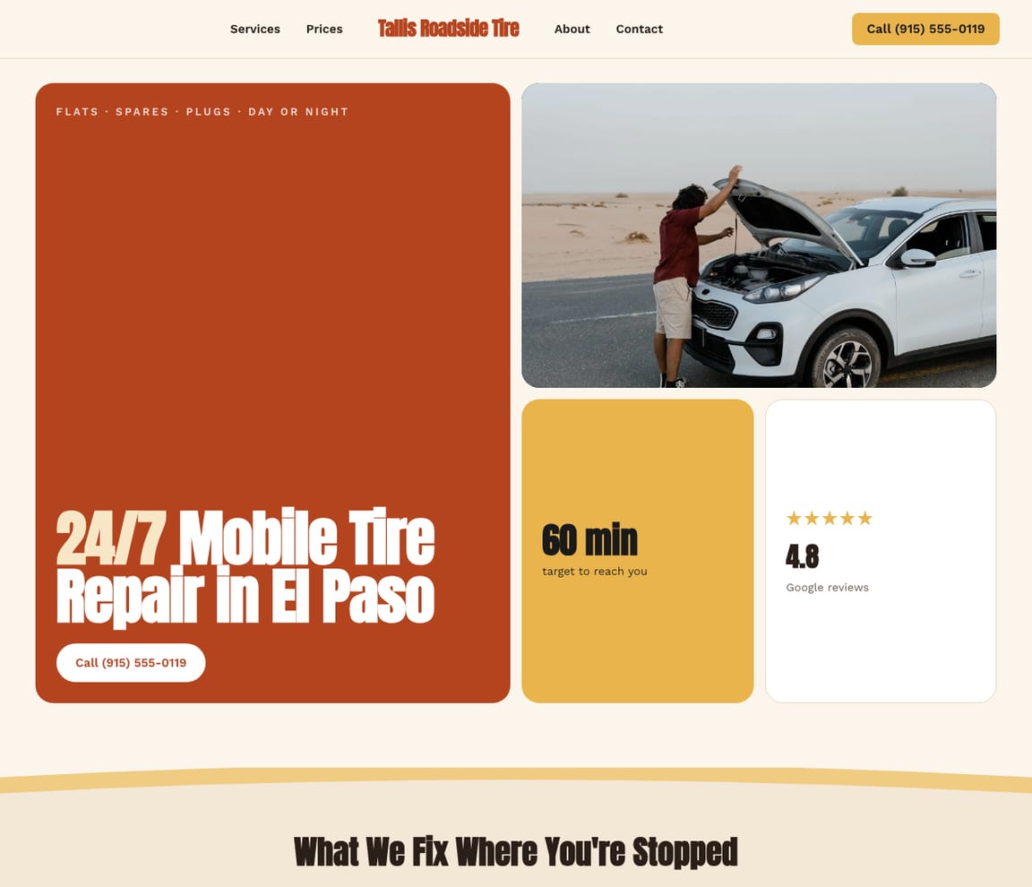 Home page of the 24/7 Roadside Tire Repair website template, with the headline “24/7 Mobile Tire Repair in El Paso”