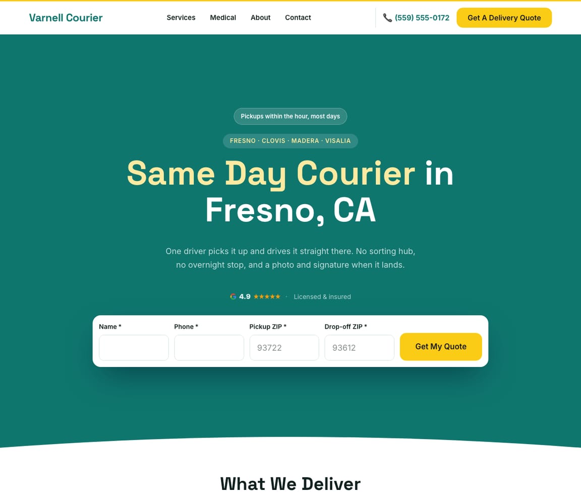 Home page of the Same-Day Courier website template, with the headline “Same Day Courier in Fresno, CA”