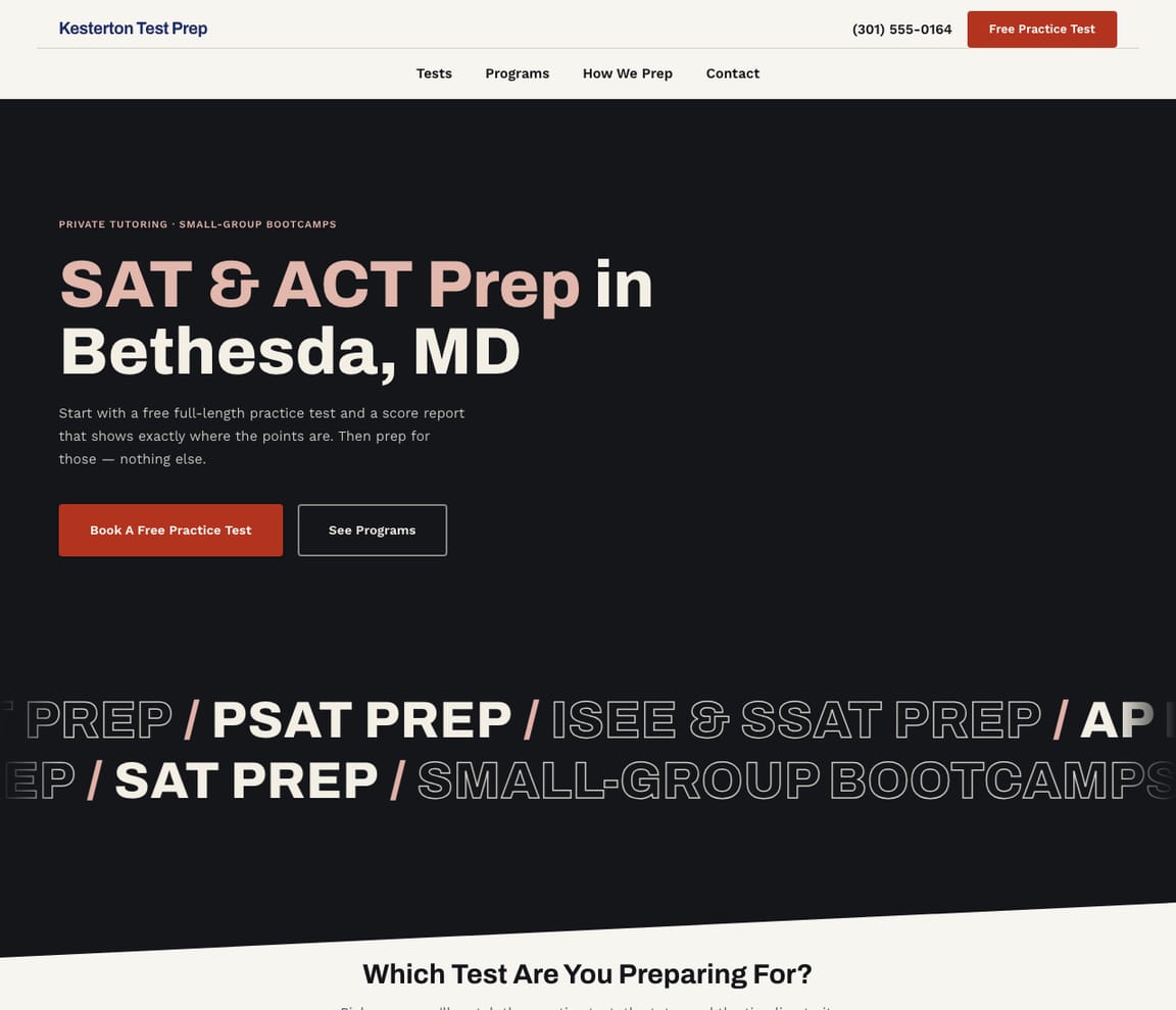 Home page of the SAT & ACT Test Prep website template, with the headline “SAT & ACT Prep in Bethesda, MD”