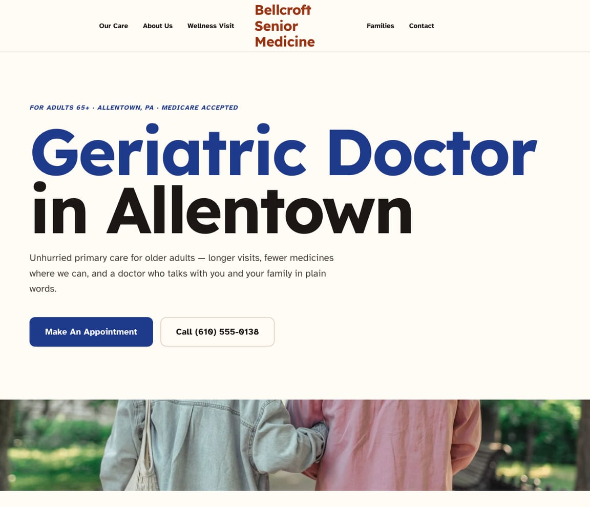 Home page of the Senior Primary Care Practice website template, with the headline “Geriatric Doctor in Allentown”