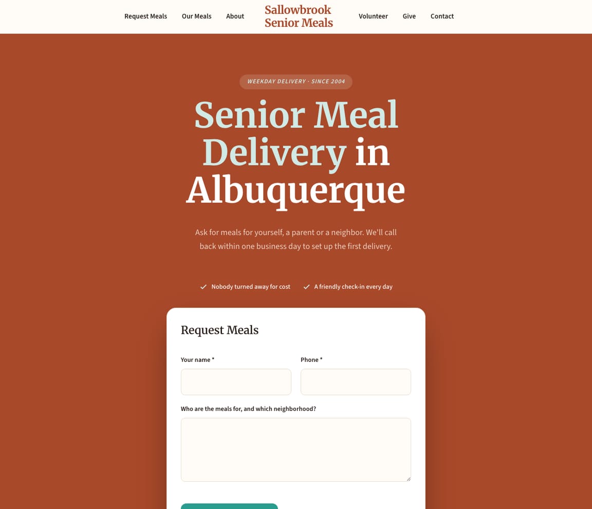 Home page of the Senior Meals website template, with the headline “Senior Meal Delivery in Albuquerque”