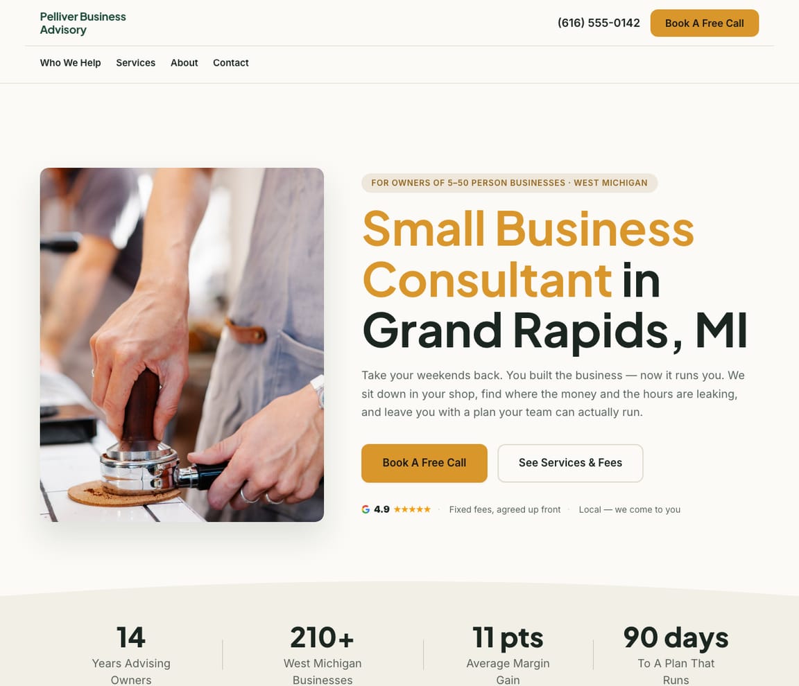 Home page of the Small Business Consultant website template