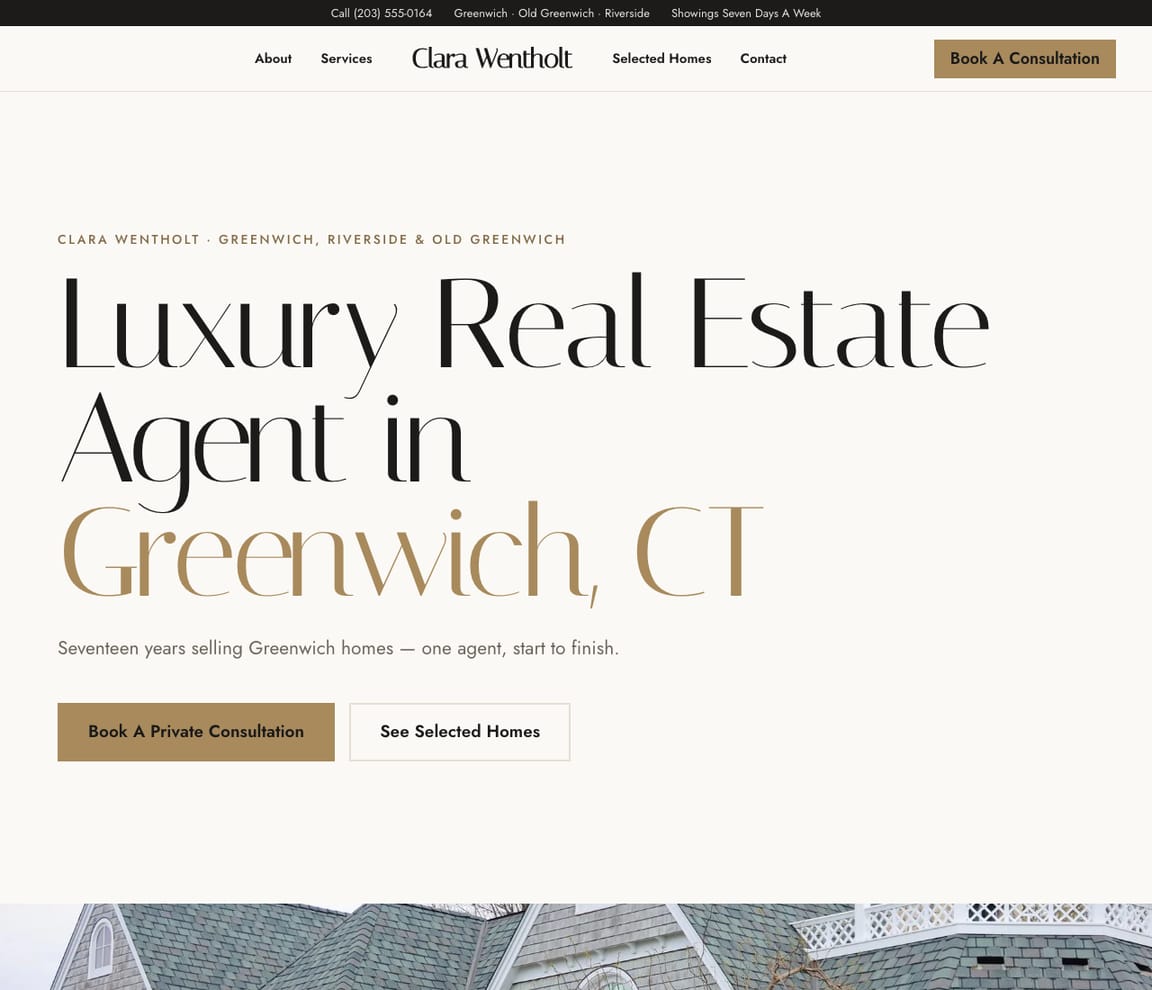 Home page of the Solo Luxury Agent website template, with the headline “Luxury Real Estate Agent in Greenwich, CT”