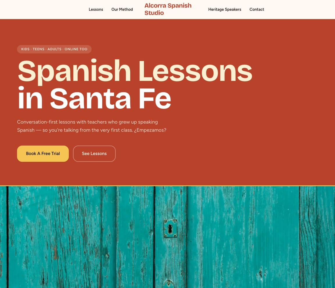 Home page of the Spanish Tutor & Lessons website template, with the headline “Spanish Lessons in Santa Fe”