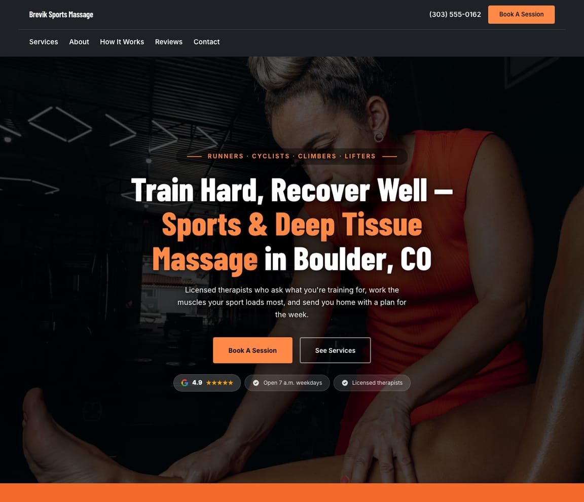 Home page of the Sports Massage template, headline “Train Hard, Recover Well — Sports & Deep Tissue Massage in Boulder, CO”