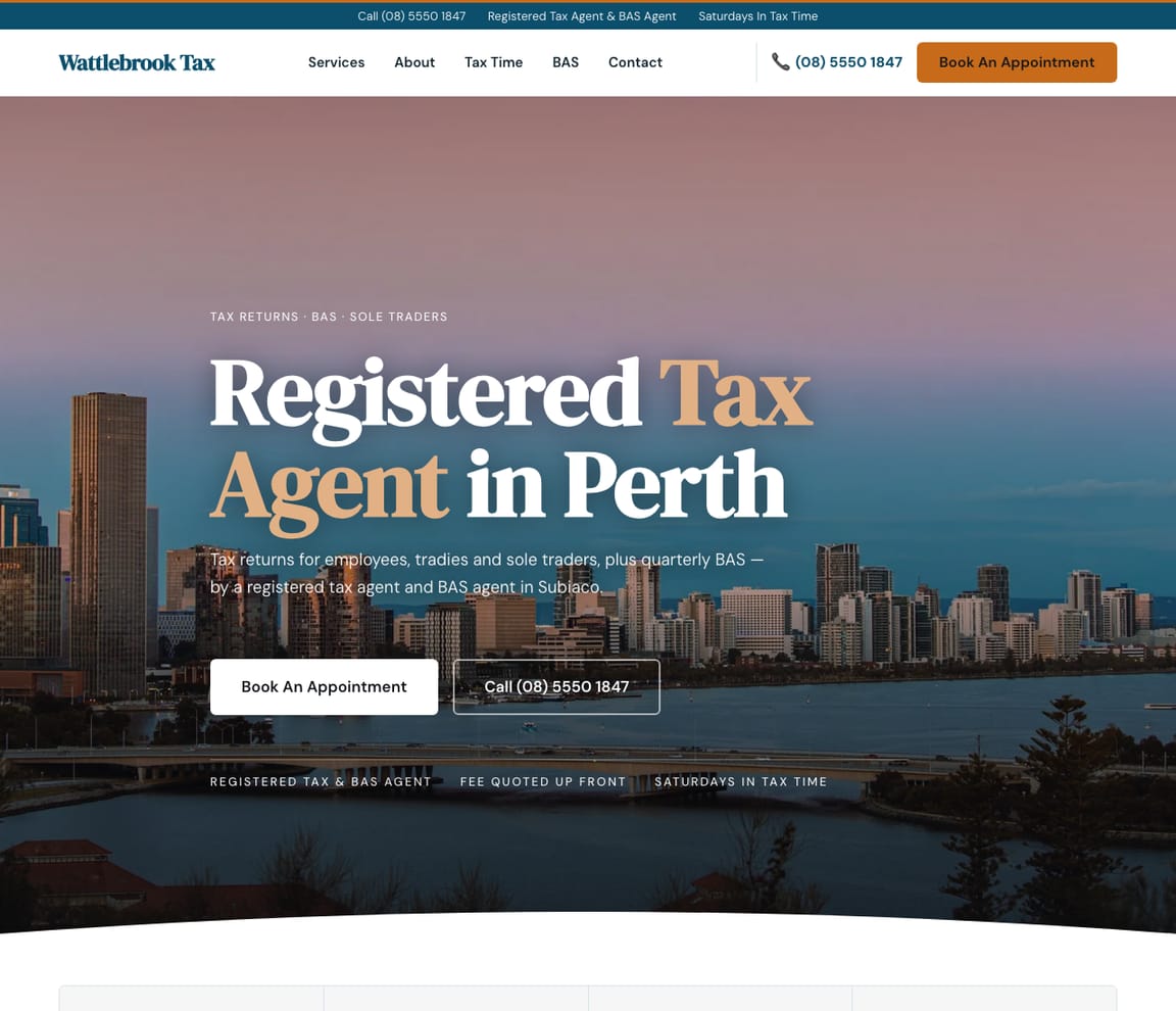 Home page of the Tax Agent & BAS Agent (Australia) website template, with the headline “Registered Tax Agent in Perth”