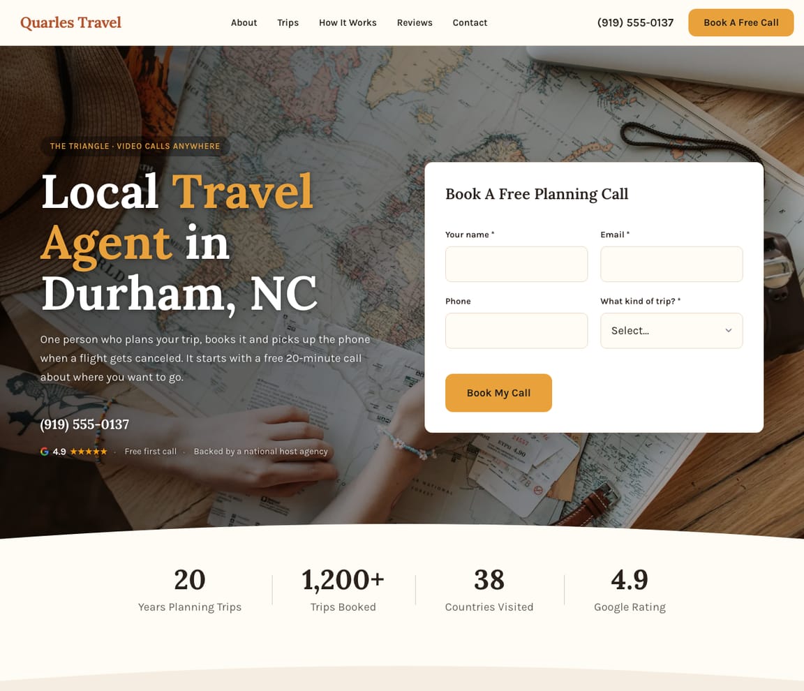Home page of the Travel Advisor website template, with the headline “Local Travel Agent in Durham, NC”