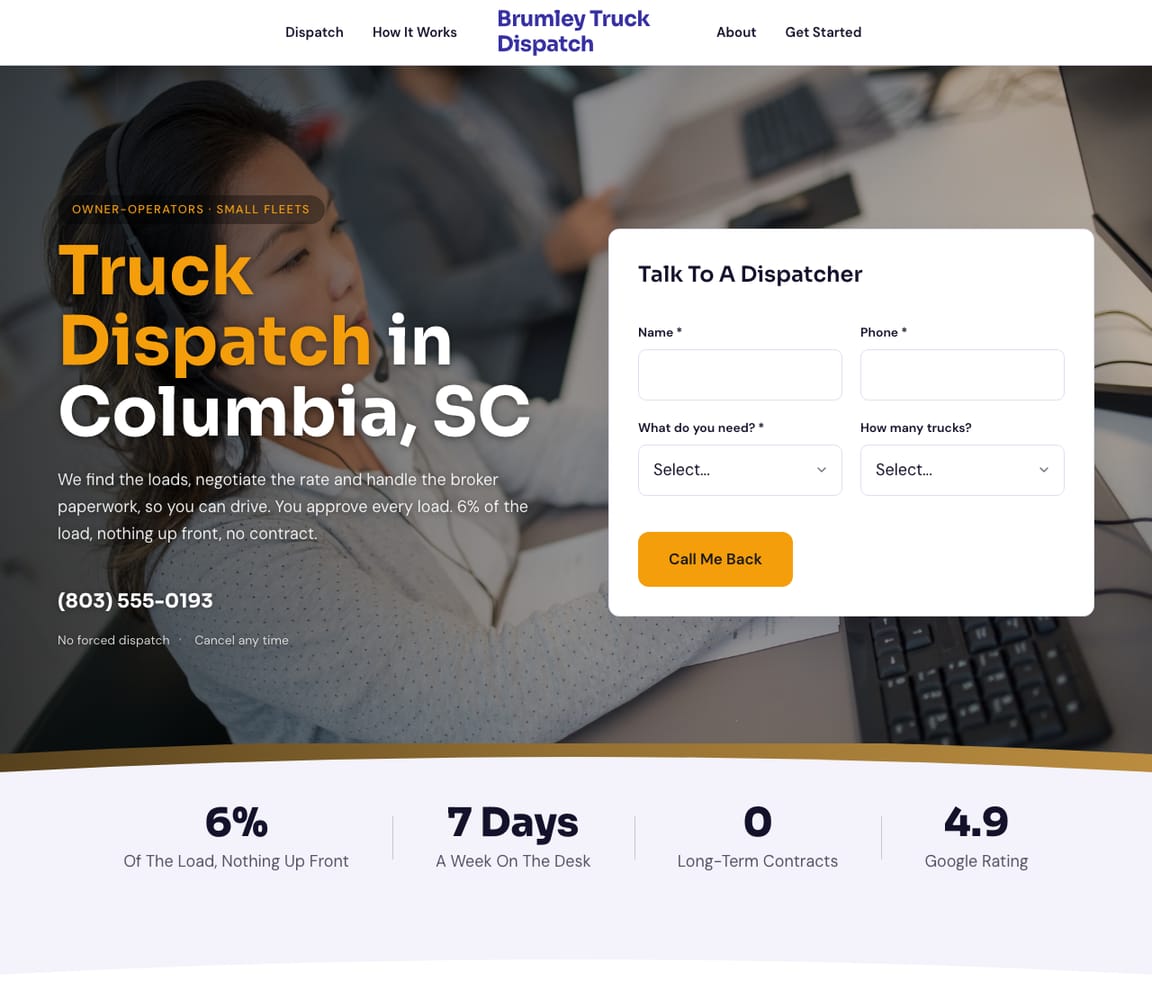 Home page of the Truck Dispatch Service website template, with the headline “Truck Dispatch in Columbia, SC”