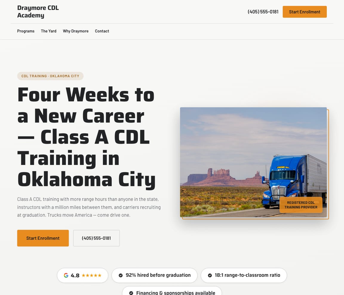 Truck Driving School website template preview
