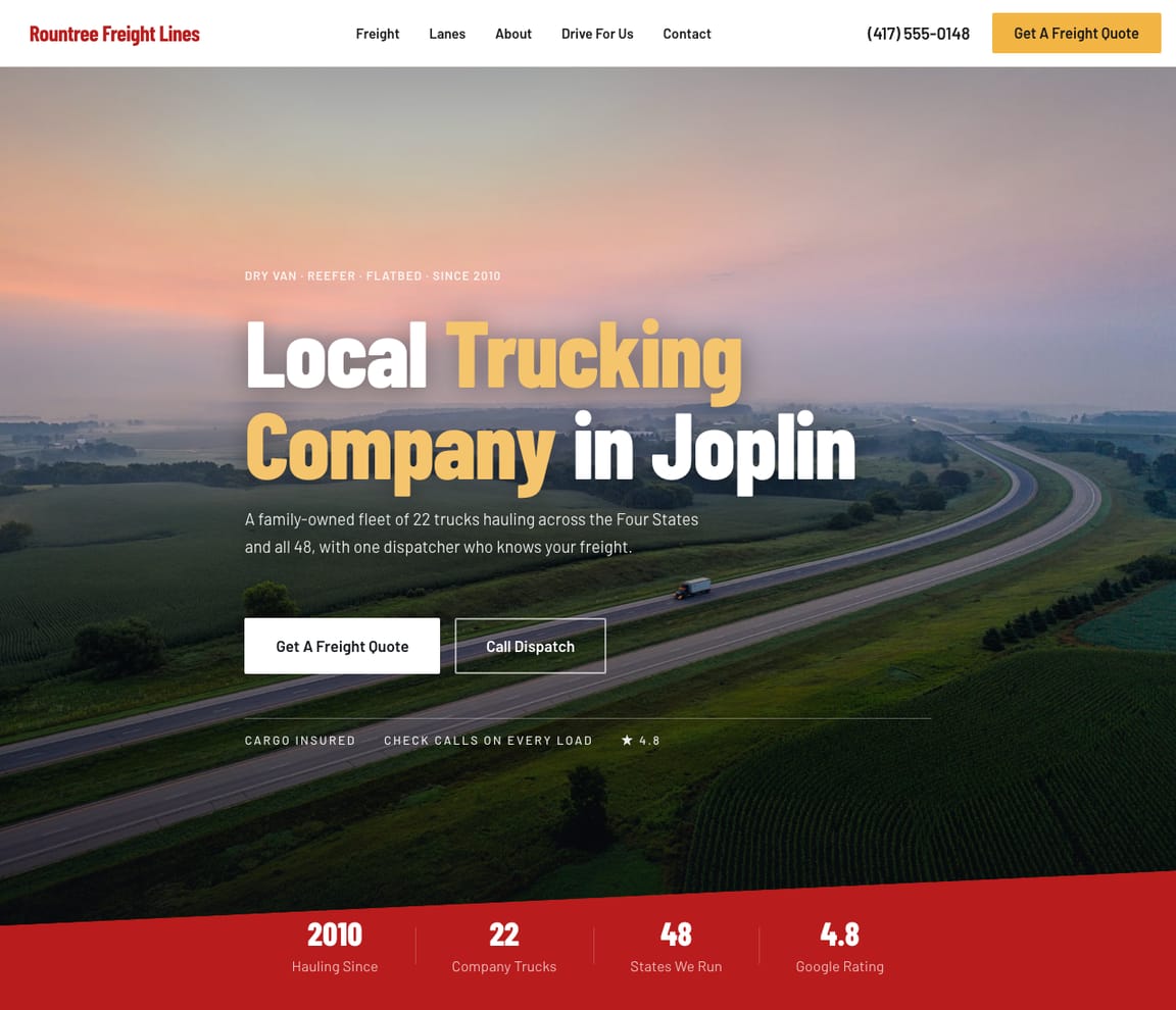 Home page of the Trucking Company website template, with the headline “Local Trucking Company in Joplin”