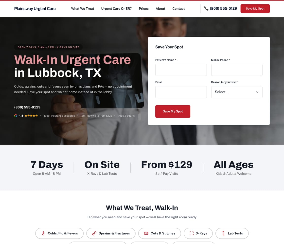 Home page of the Walk-In Urgent Care website template, with the headline “Walk-In Urgent Care in Lubbock, TX”