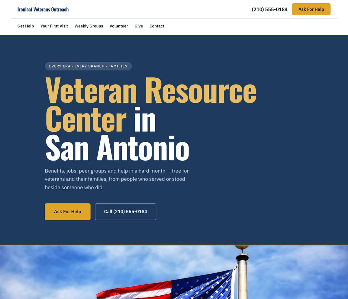 Home page of the Veterans Support website template, with the headline “Veteran Resource Center in San Antonio”