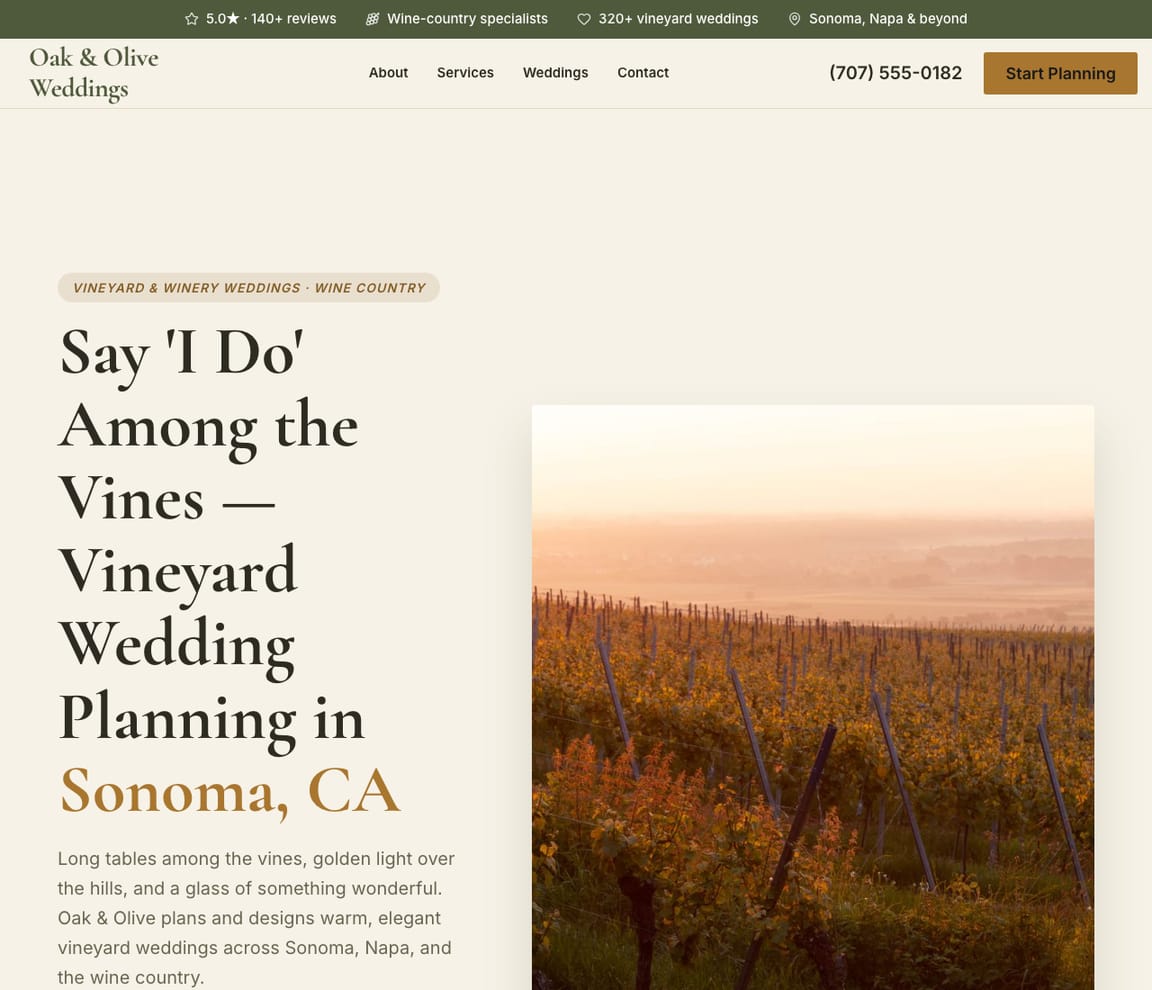 Vineyard Wedding Planner website template preview