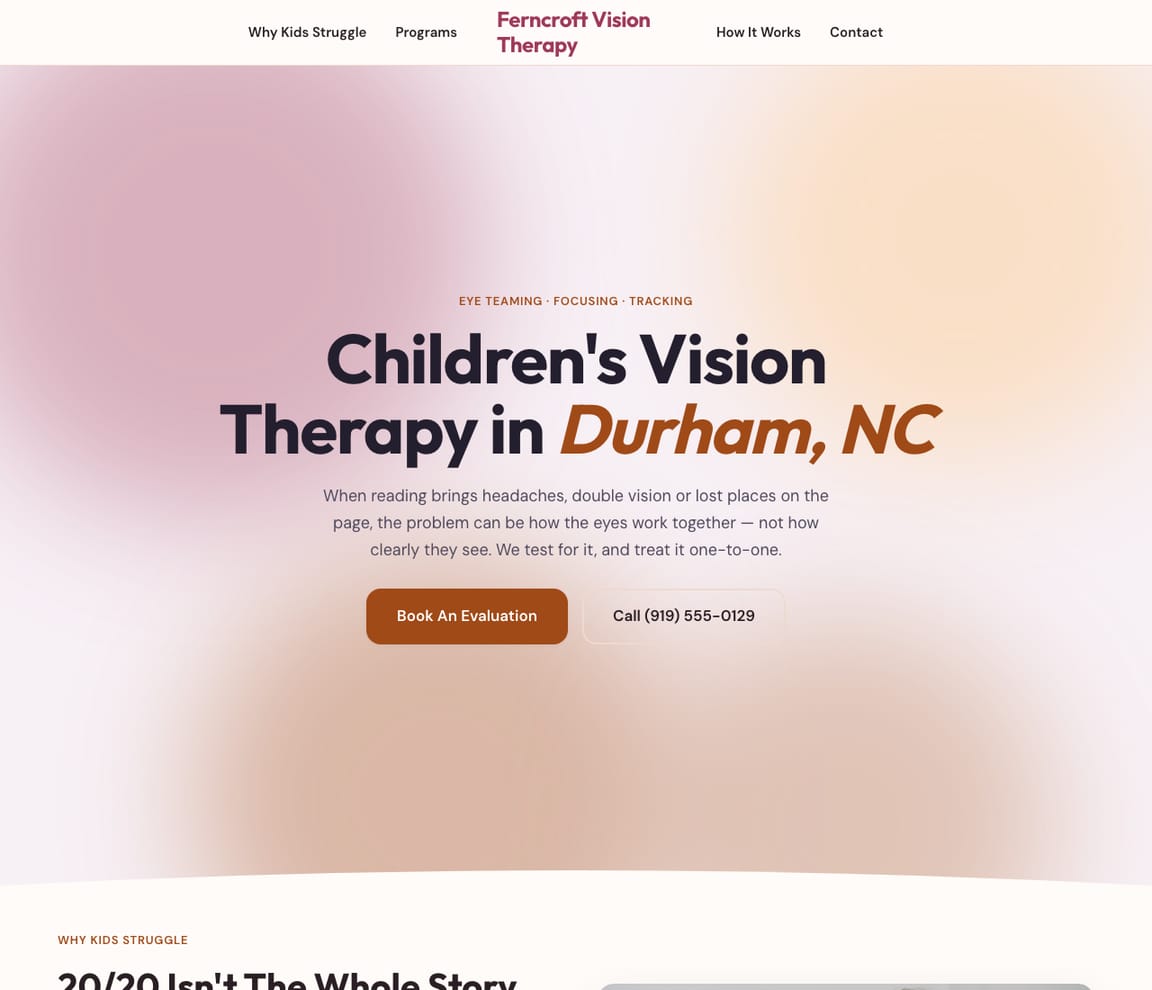 Home page of the Vision Therapy Practice website template, with the headline “Children's Vision Therapy in Durham, NC”