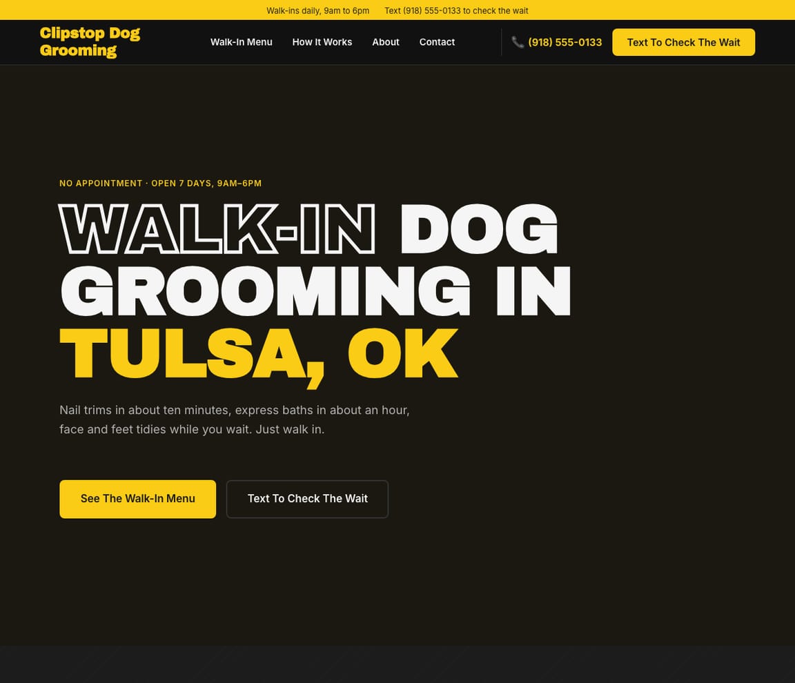 Home page of the Walk-In Dog Grooming website template, with the headline “Walk-In Dog Grooming in Tulsa, OK”