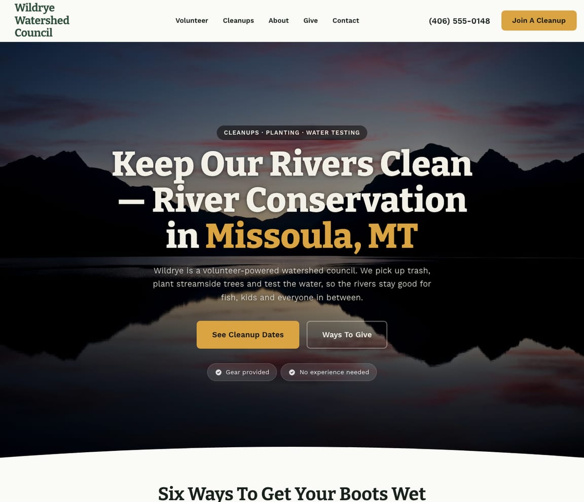 Home page of the River Conservation website template