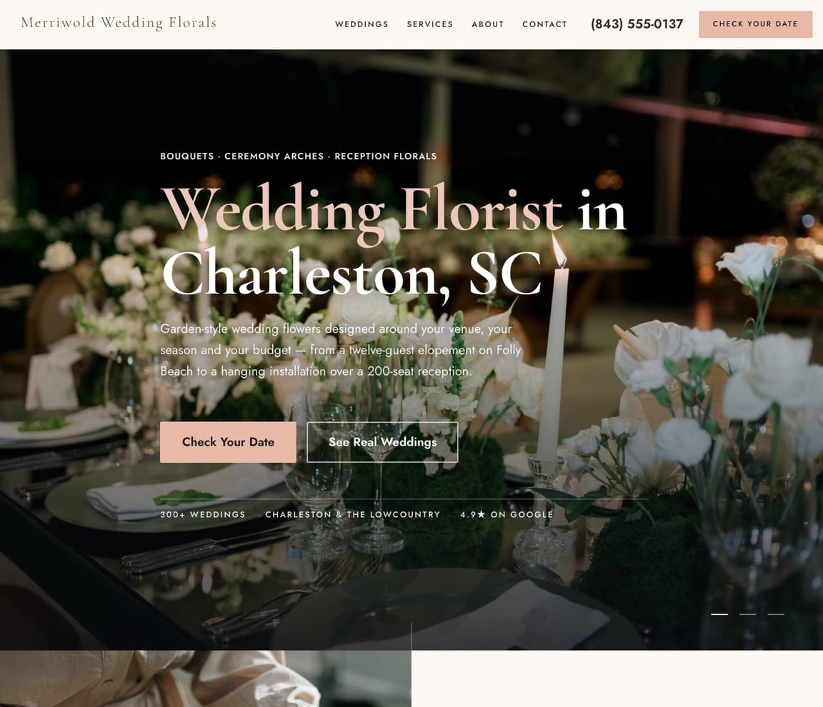Home page of the Wedding Florist website template, with the headline “Wedding Florist in Charleston, SC”