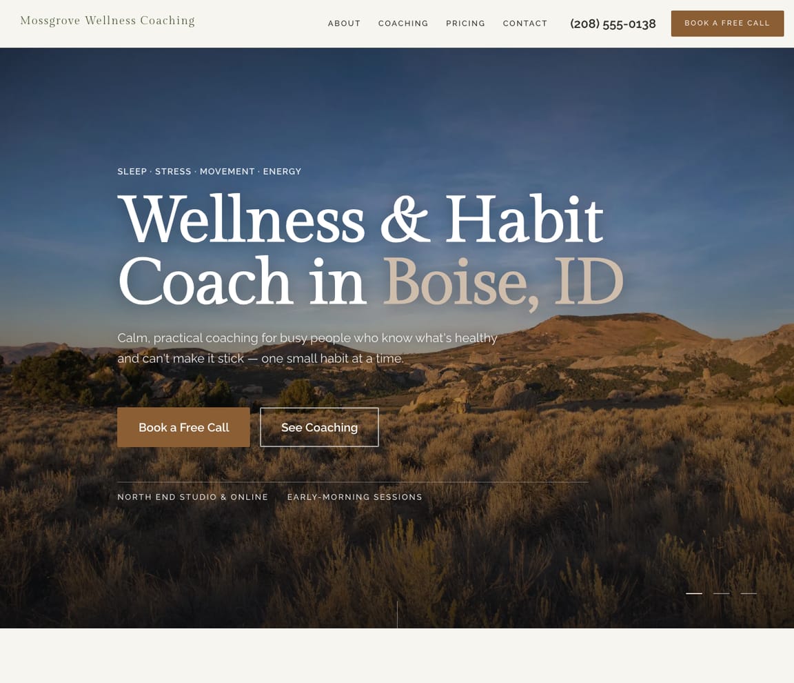 Home page of the Wellness Coach website template, with the headline “Wellness & Habit Coach in Boise, ID”