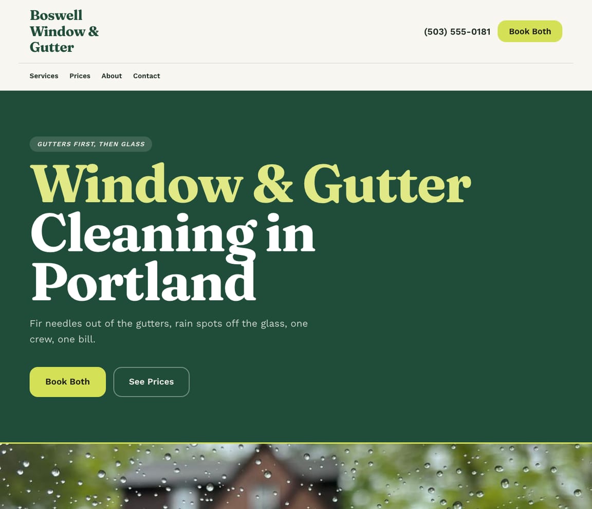 Home page of the Window & Gutter Cleaning website template, with the headline “Window & Gutter Cleaning in Portland”