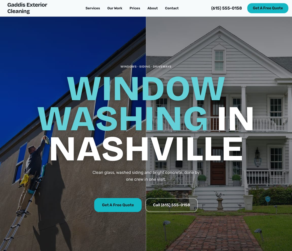 Home page of the Window & House Washing website template, with the headline “Window Washing in Nashville”