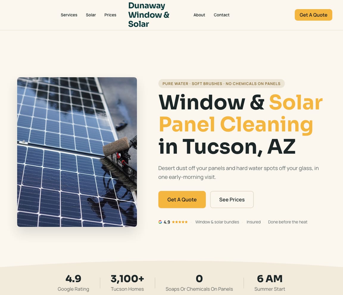 Home page of the Window & Solar Panel Cleaning website template