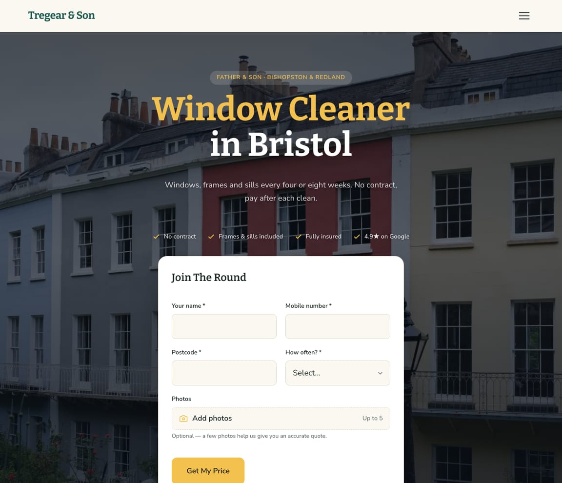 Home page of the Window Cleaner (UK) website template, with the headline “Window Cleaner in Bristol”