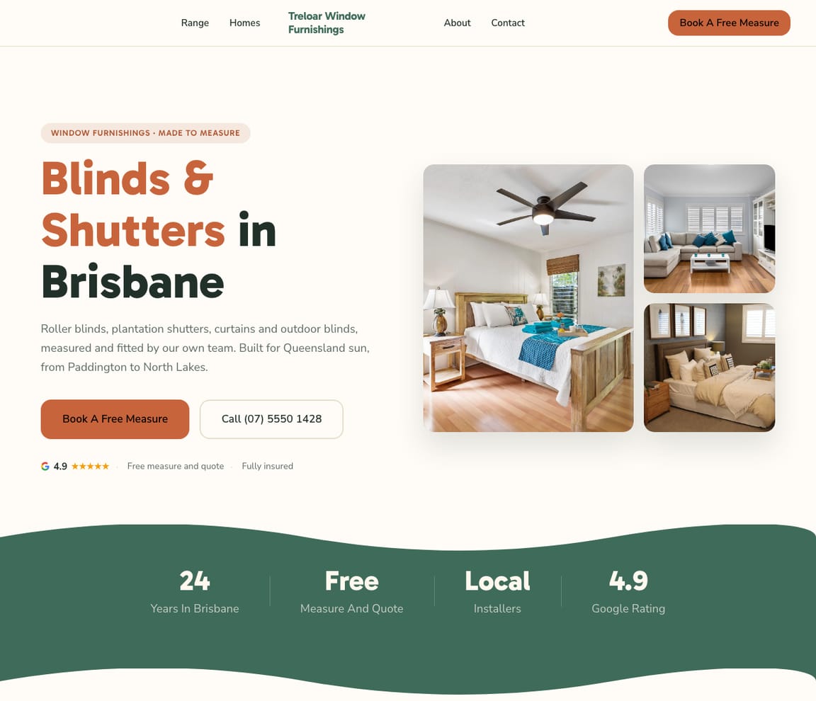 Home page of the Window Furnishings (Australia) website template, with the headline “Blinds & Shutters in Brisbane”