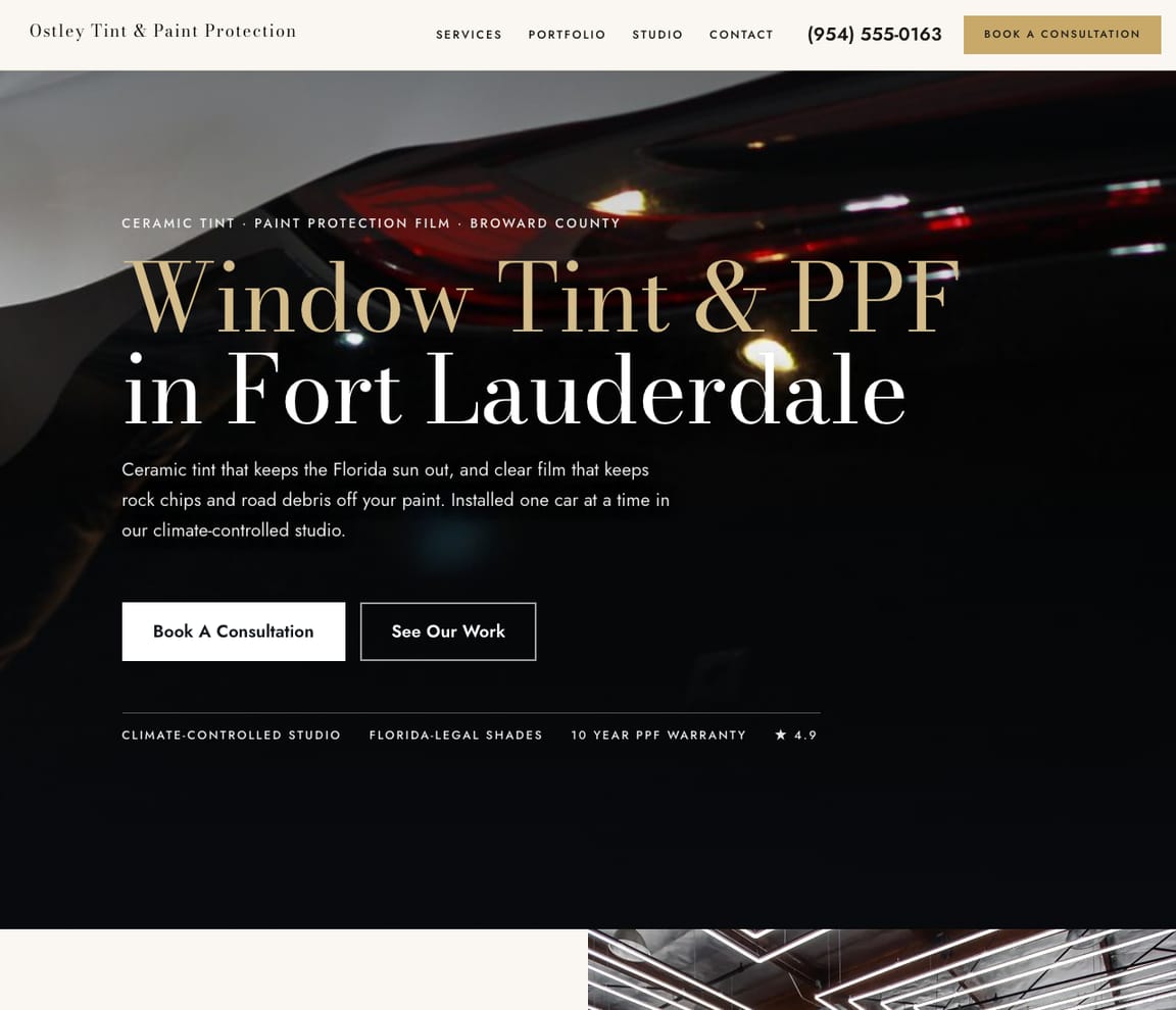 Home page of the Window Tint & PPF Studio website template, with the headline “Window Tint & PPF in Fort Lauderdale”