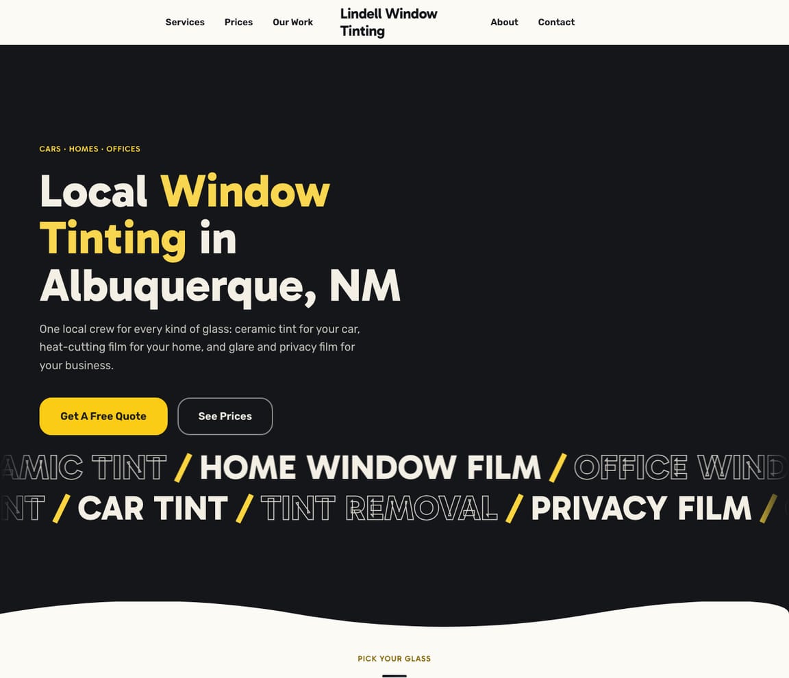 Home page of the Window Tinting Company website template, with the headline “Local Window Tinting in Albuquerque, NM”