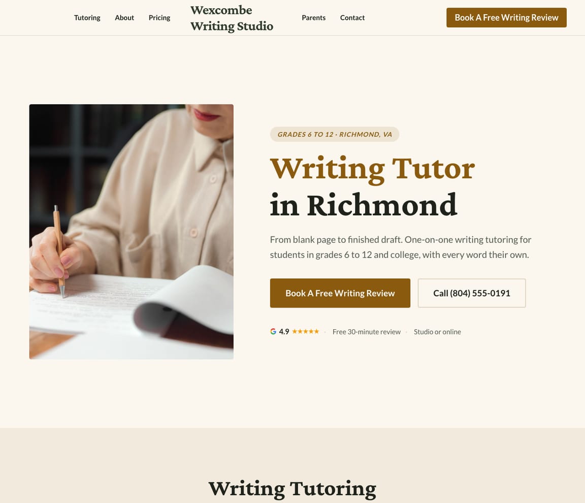 Home page of the Writing Tutor website template, with the headline “Writing Tutor in Richmond”